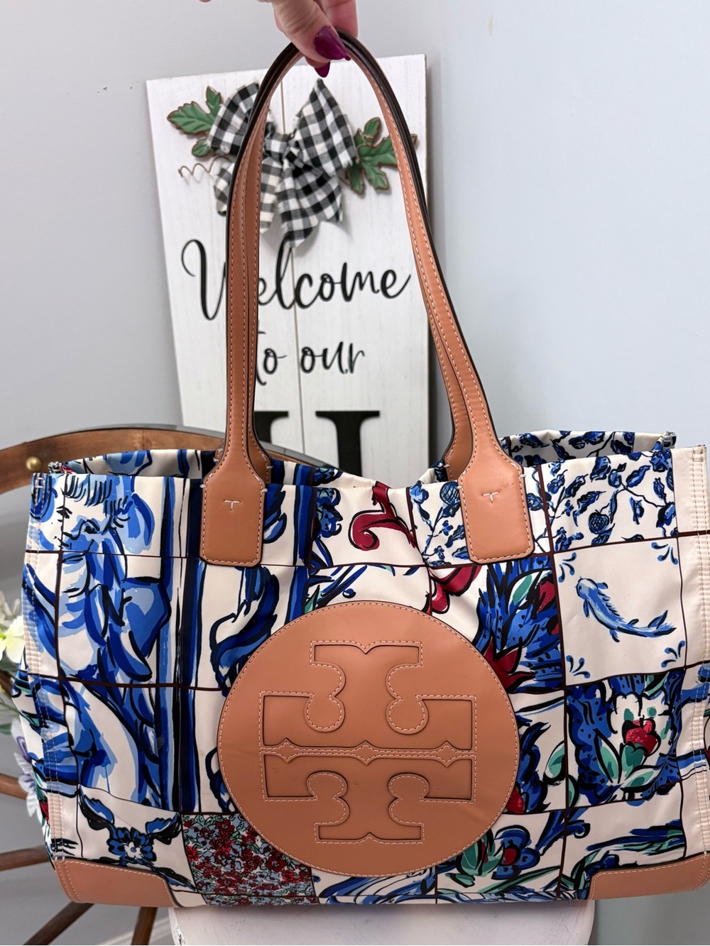 TORY BURCH Retired Blue Floral Patchwork Ella Tote with Tan Leather Details
